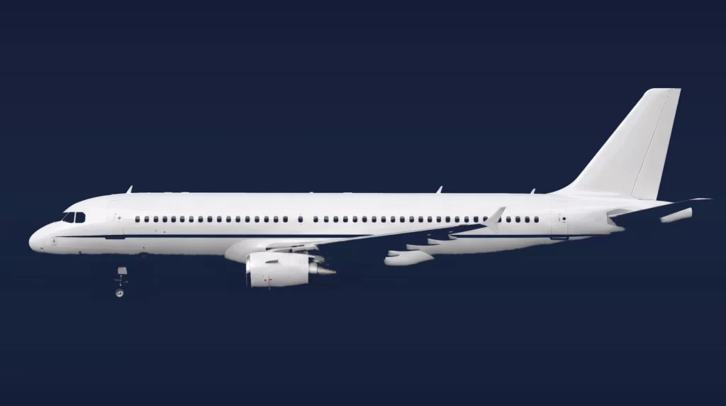 Airbus ACJ319 private charter aircraft, left-side profile on a deep navy studio background