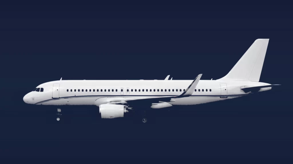 Airbus ACJ320 private charter aircraft, left-side profile on a deep navy studio background