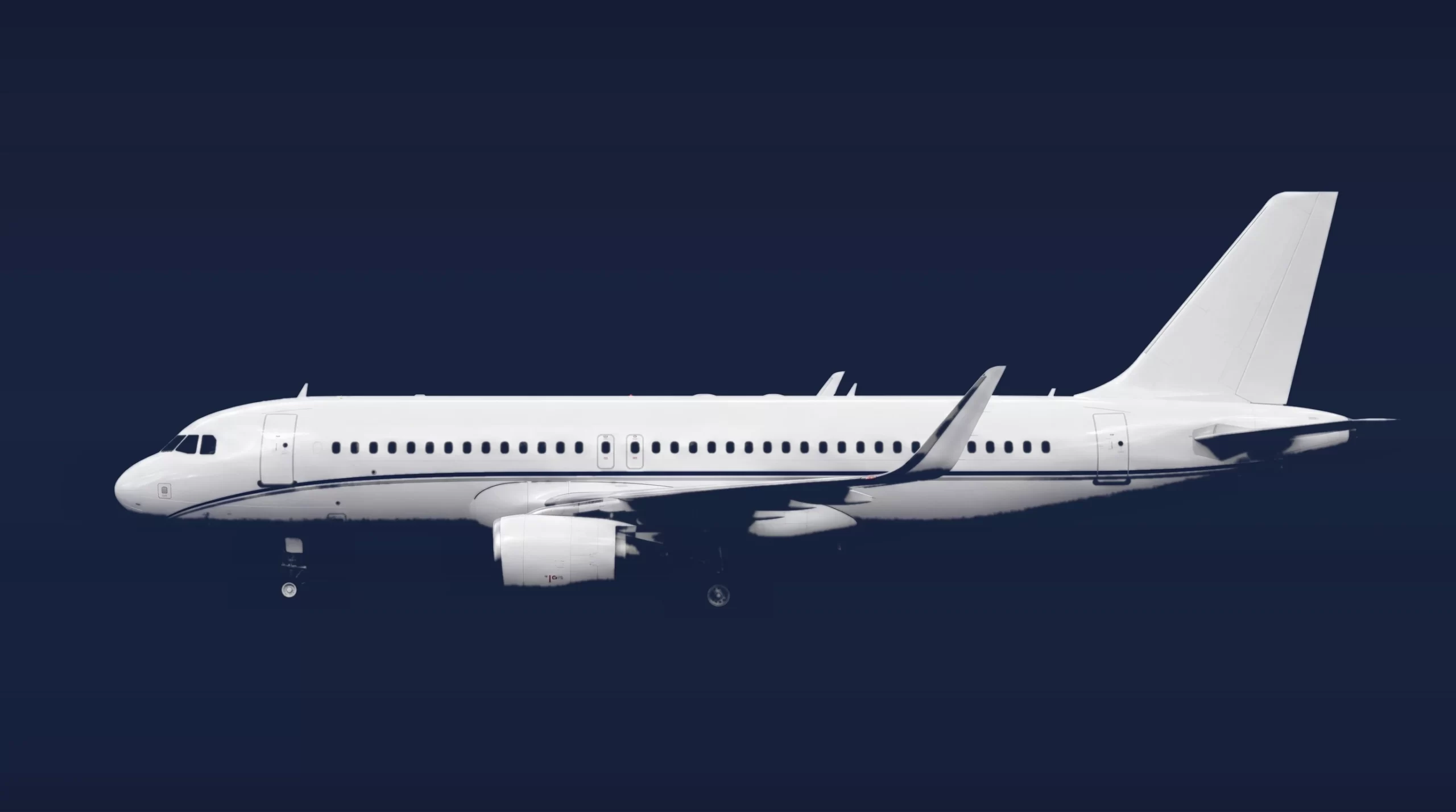 Airbus ACJ320 private charter aircraft, left-side profile on a deep navy studio background