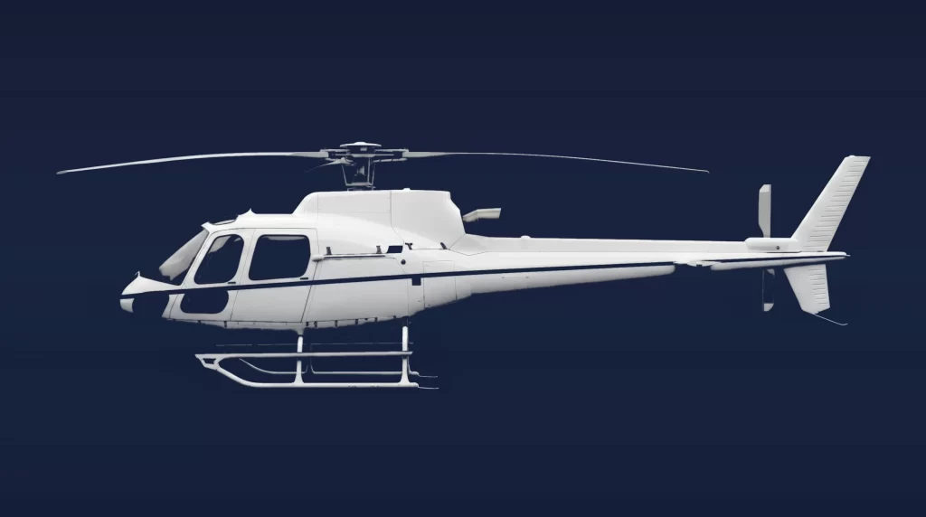 Airbus H125 private charter aircraft, left-side profile on a deep navy studio background