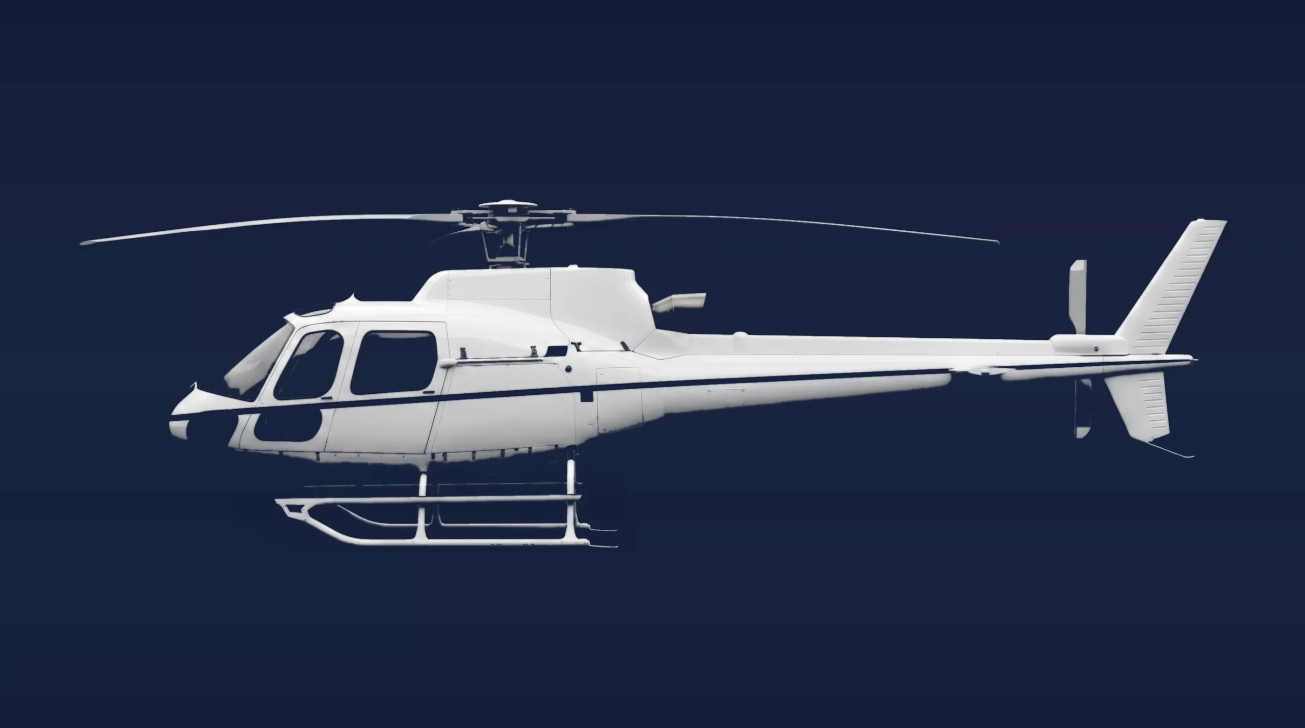 Airbus H125 private charter aircraft, left-side profile on a deep navy studio background