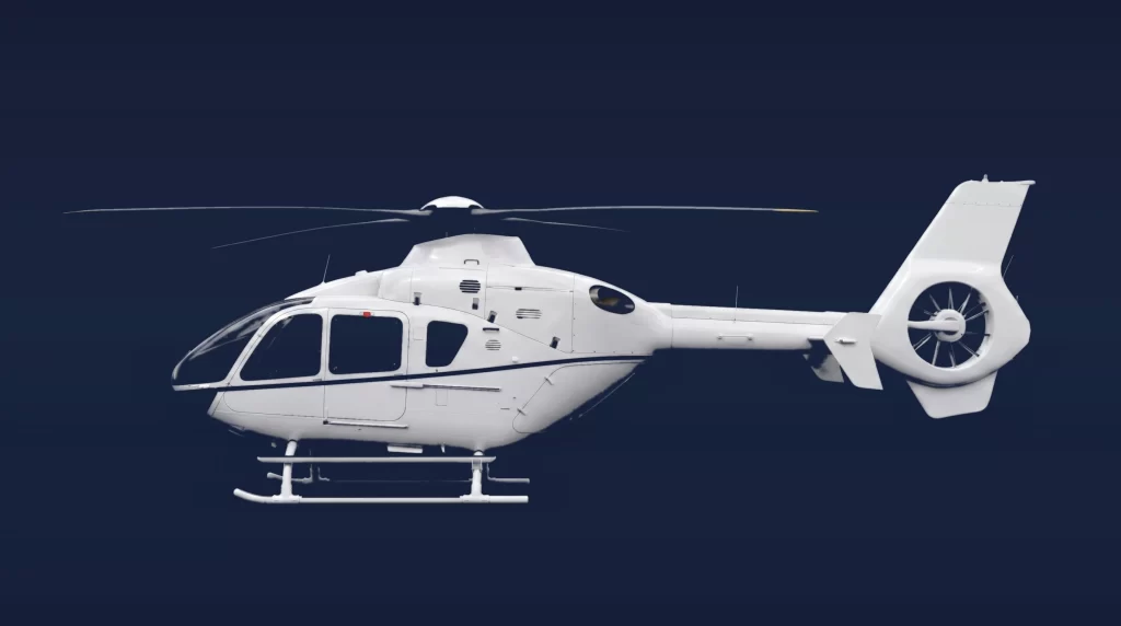 Airbus H135 private charter aircraft, left-side profile on a deep navy studio background
