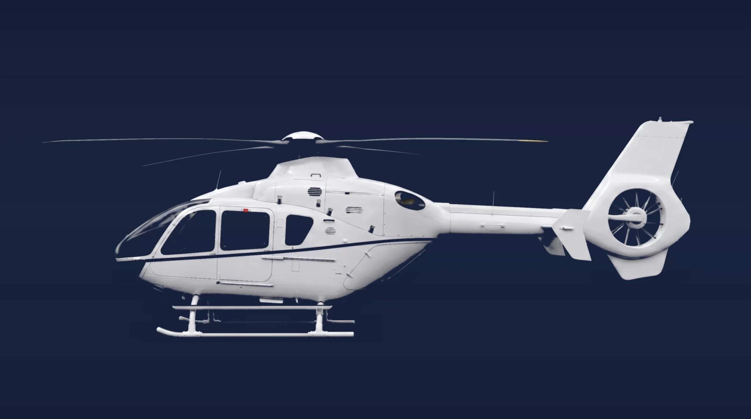 Airbus H135 private charter aircraft, left-side profile on a deep navy studio background