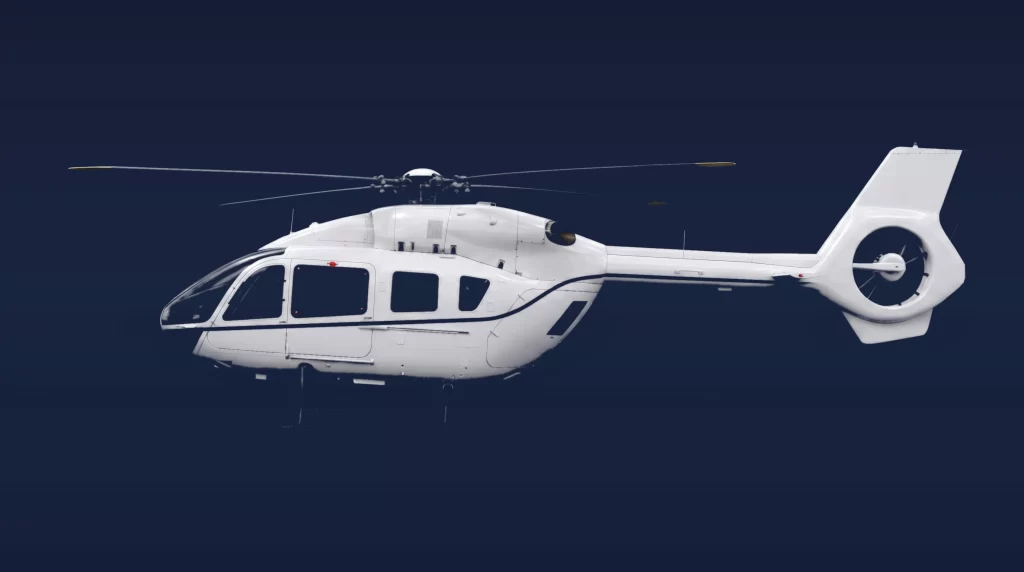 Airbus H145 private charter aircraft, left-side profile on a deep navy studio background