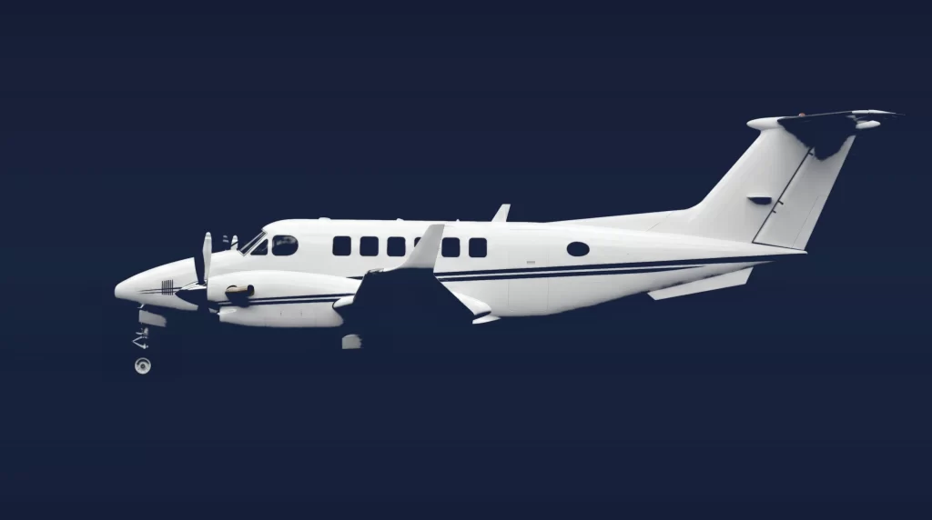 Beechcraft King Air 350 private charter aircraft, left-side profile on a deep navy studio background