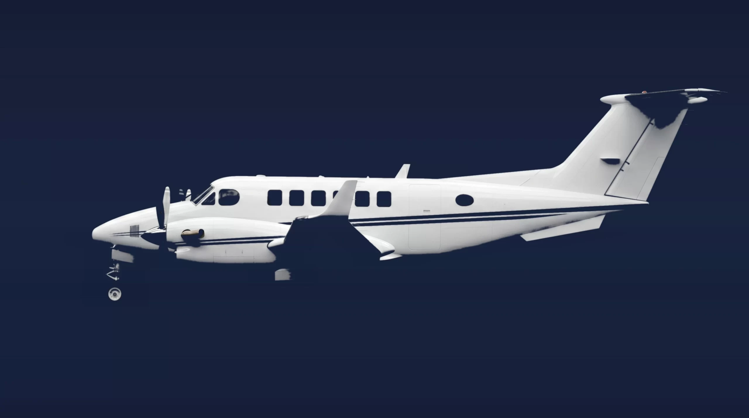 Beechcraft King Air 350 private charter aircraft, left-side profile on a deep navy studio background
