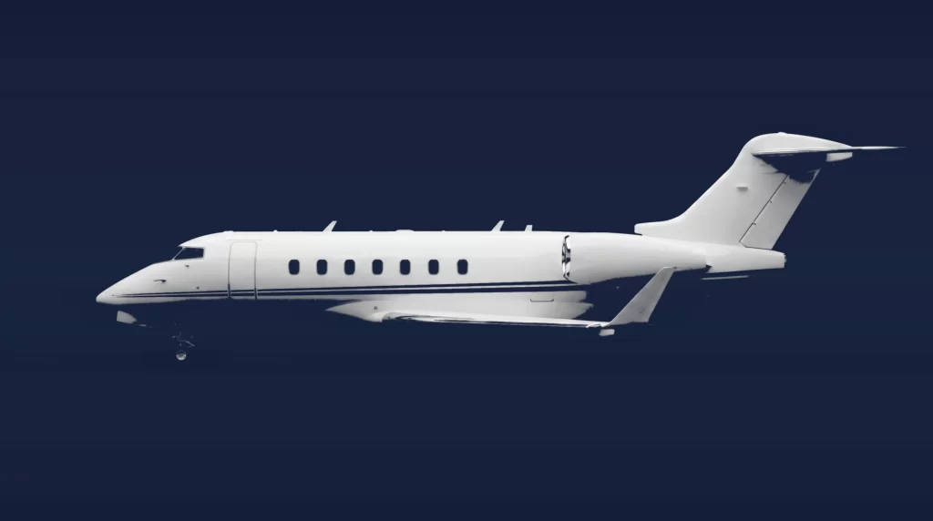 Bombardier Challenger 300 private charter aircraft, left-side profile on a deep navy studio background