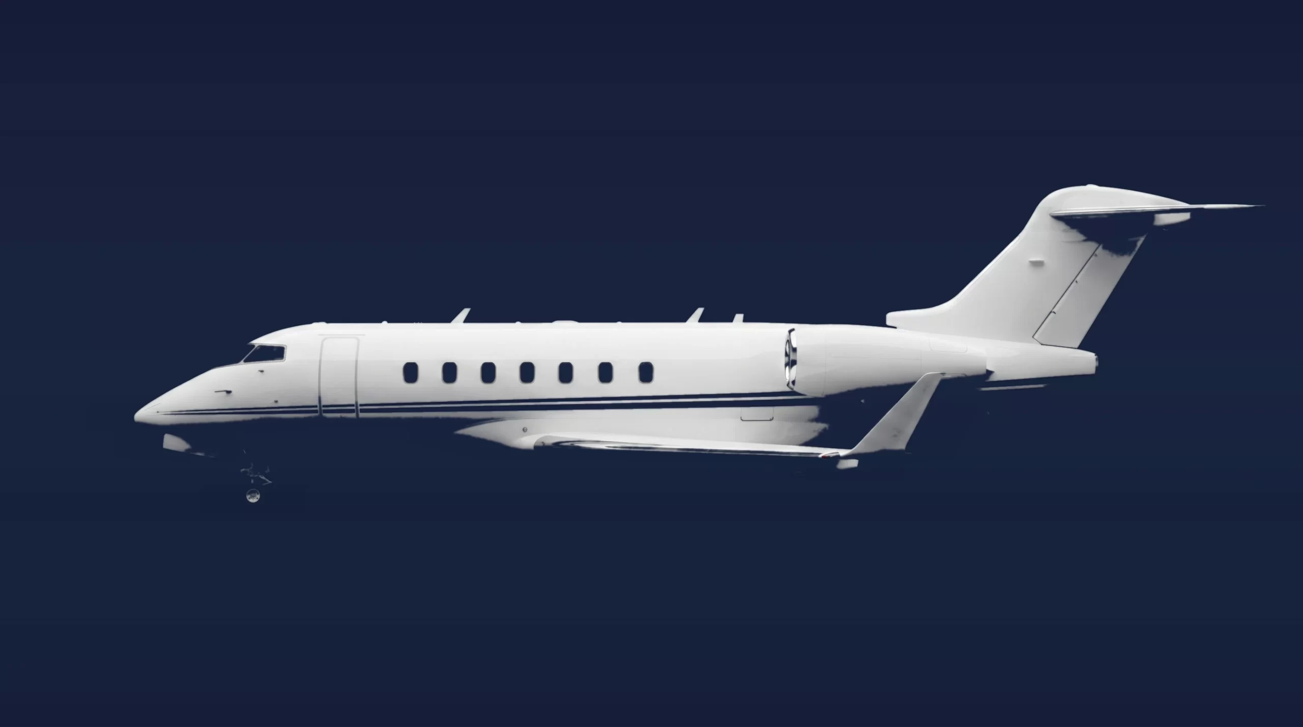 Bombardier Challenger 300 private charter aircraft, left-side profile on a deep navy studio background