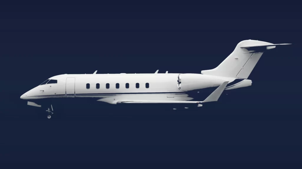 Bombardier Challenger 350 private charter aircraft, left-side profile on a deep navy studio background