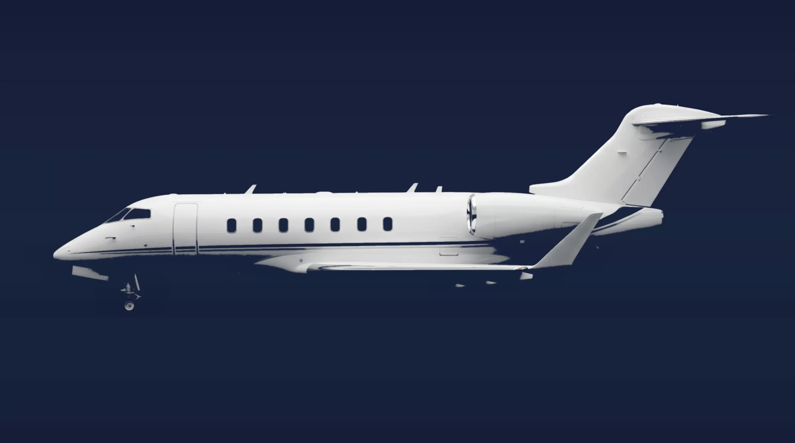 Bombardier Challenger 350 private charter aircraft, left-side profile on a deep navy studio background