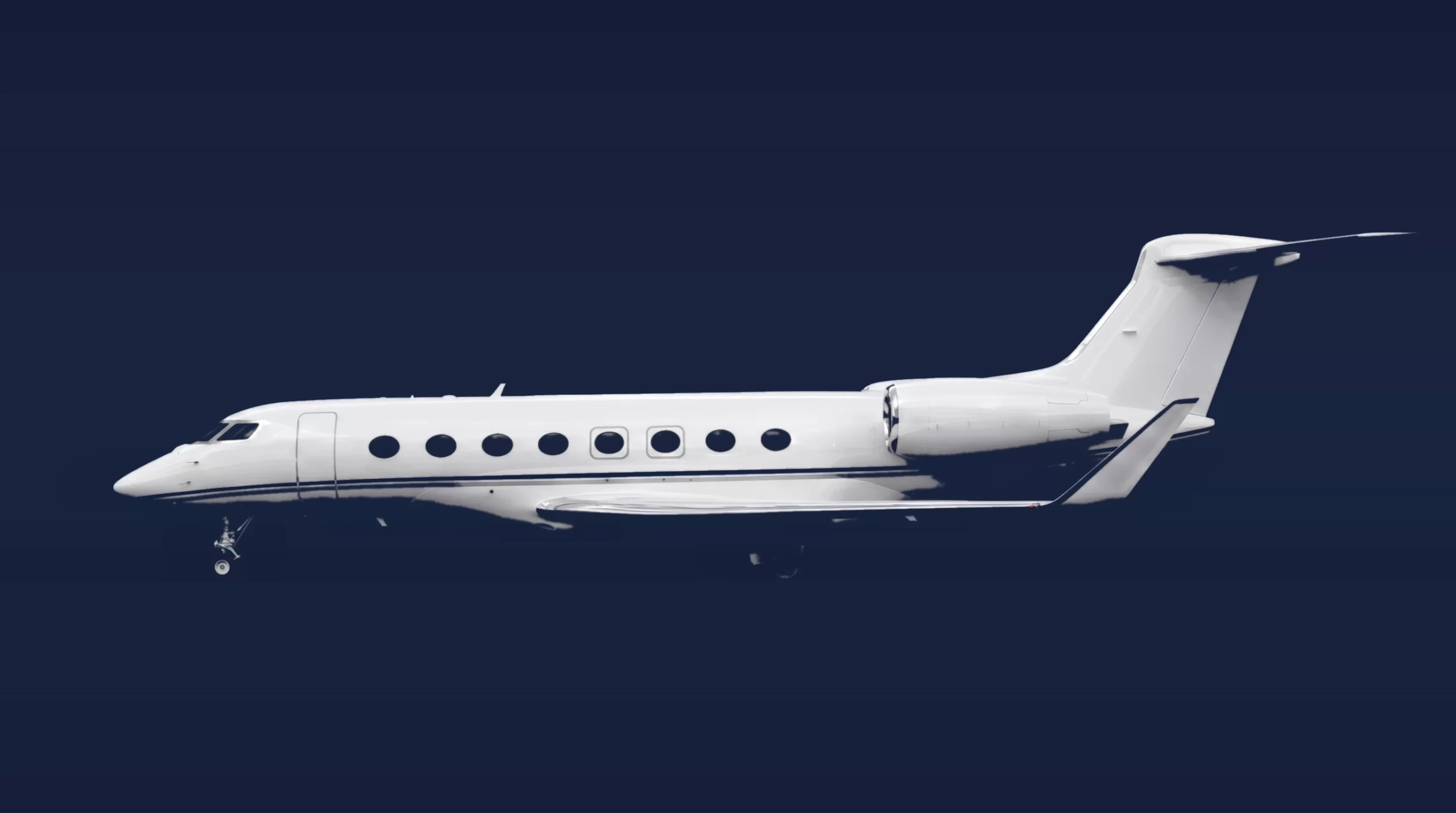 Bombardier Challenger 3500 private charter aircraft, left-side profile on a deep navy studio background