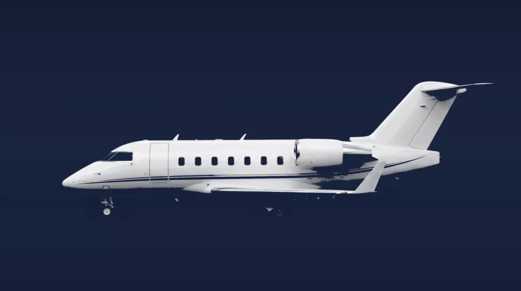 Bombardier Challenger 604 private charter aircraft, left-side profile on a deep navy studio background