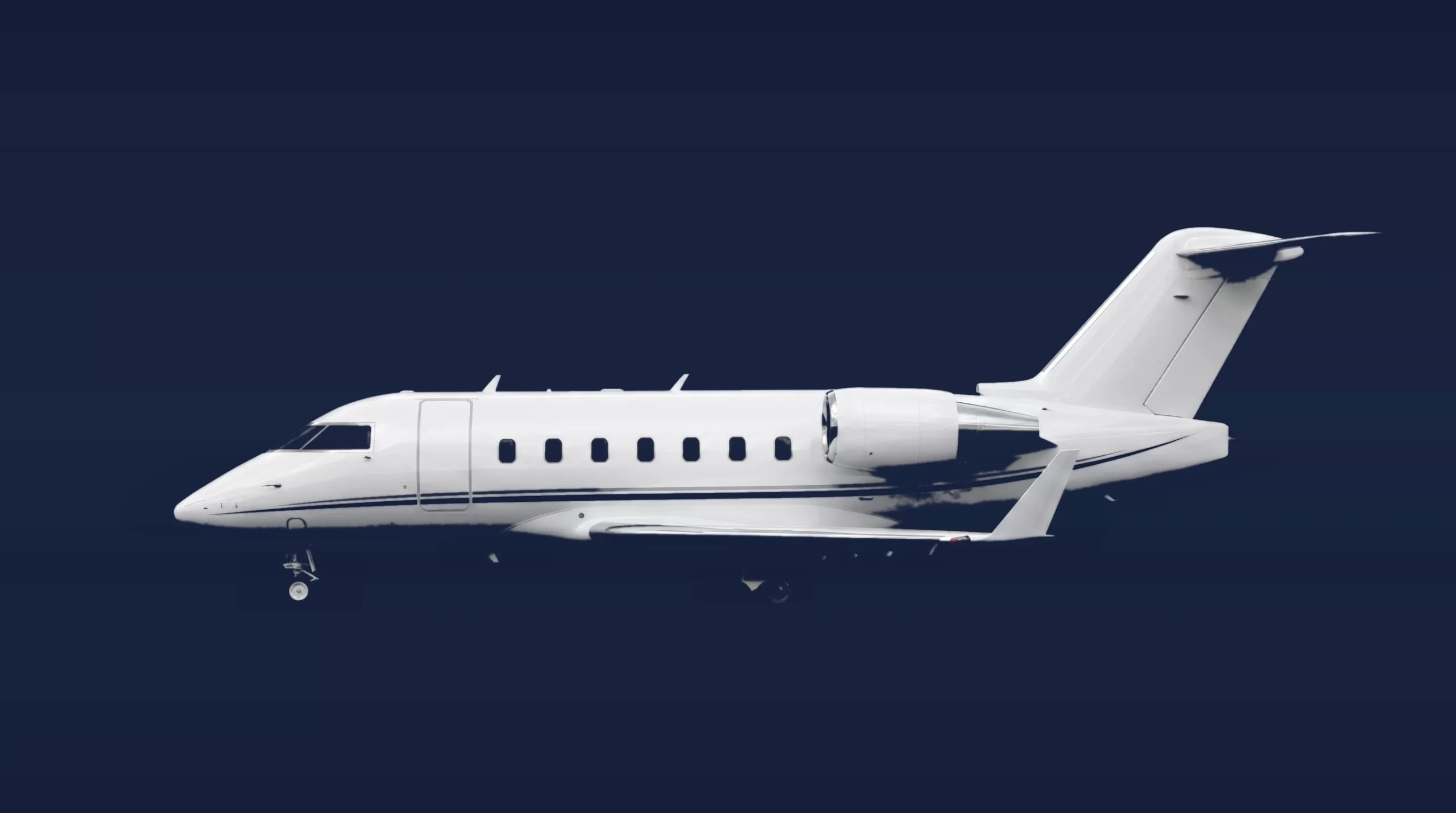 Bombardier Challenger 604 private charter aircraft, left-side profile on a deep navy studio background