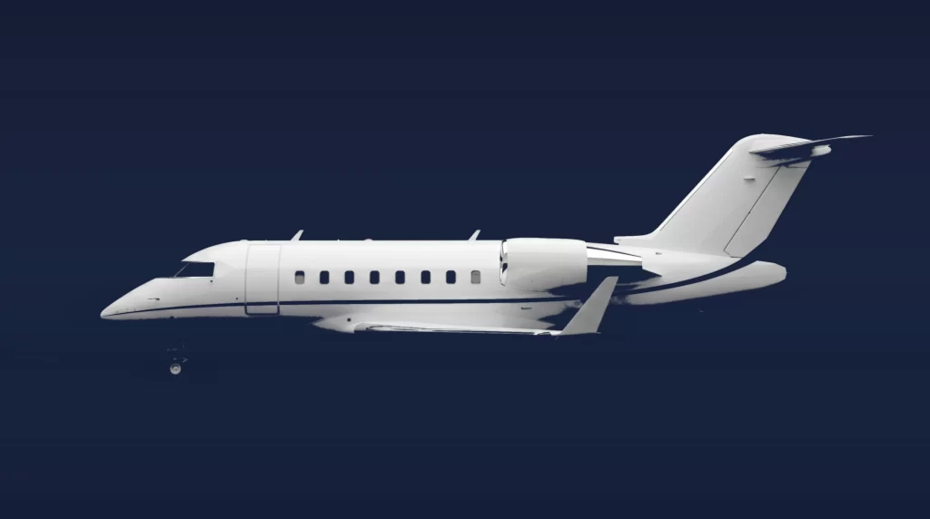 Bombardier Challenger 605 private charter aircraft, left-side profile on a deep navy studio background