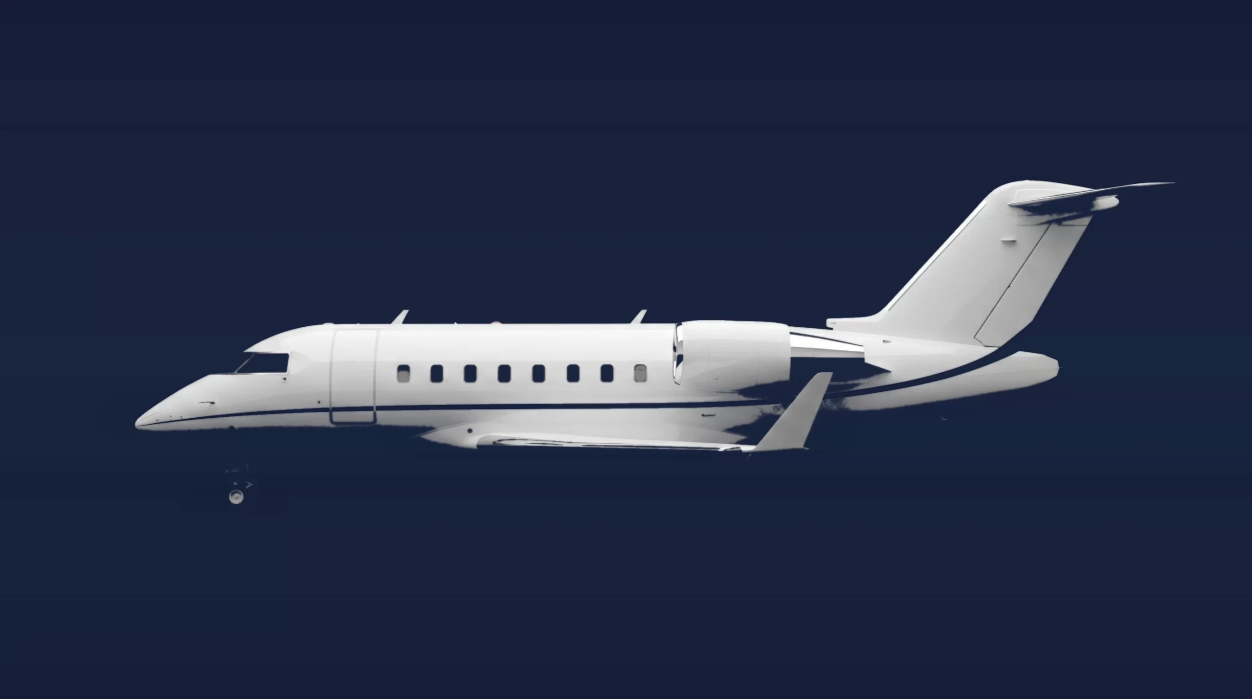 Bombardier Challenger 605 private charter aircraft, left-side profile on a deep navy studio background