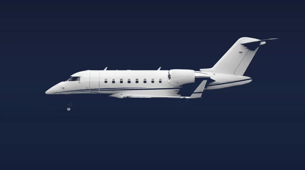 Bombardier Challenger 650 private charter aircraft, left-side profile on a deep navy studio background