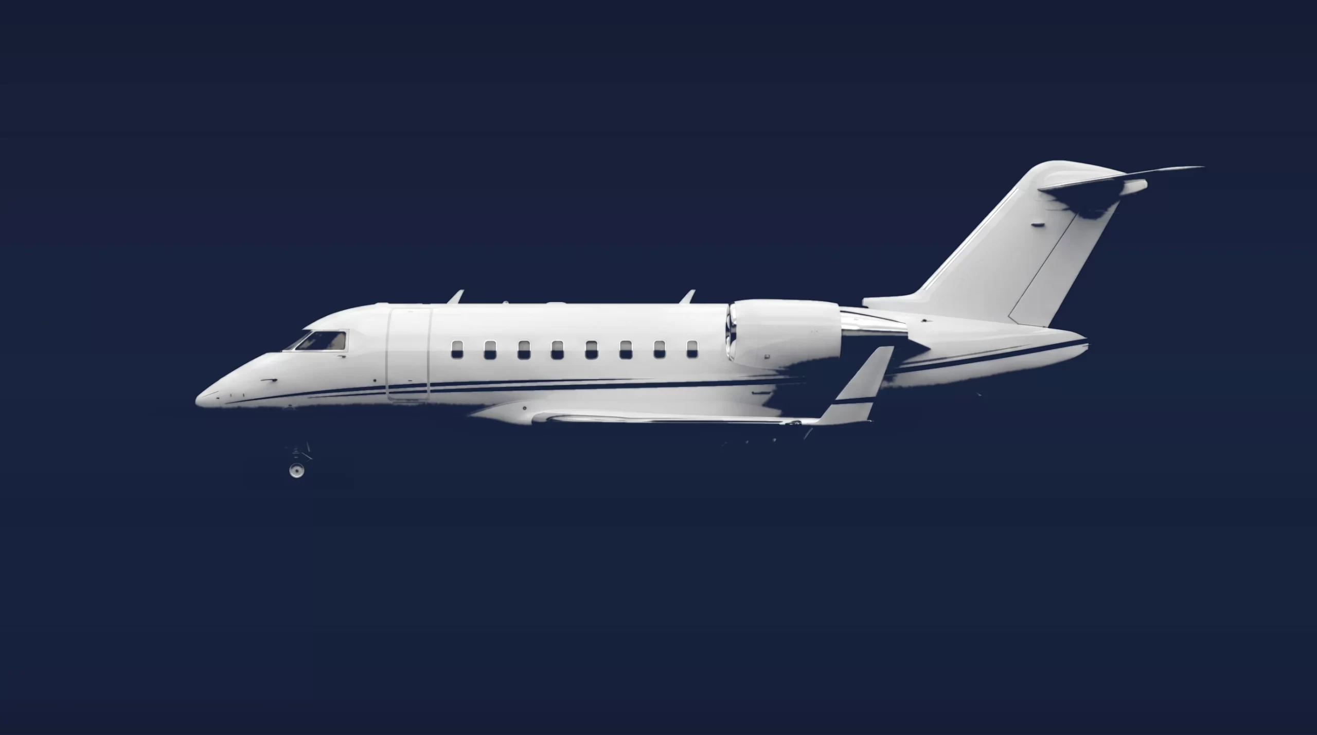 Bombardier Challenger 650 private charter aircraft, left-side profile on a deep navy studio background