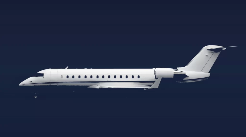 Bombardier Challenger 850 private charter aircraft, left-side profile on a deep navy studio background