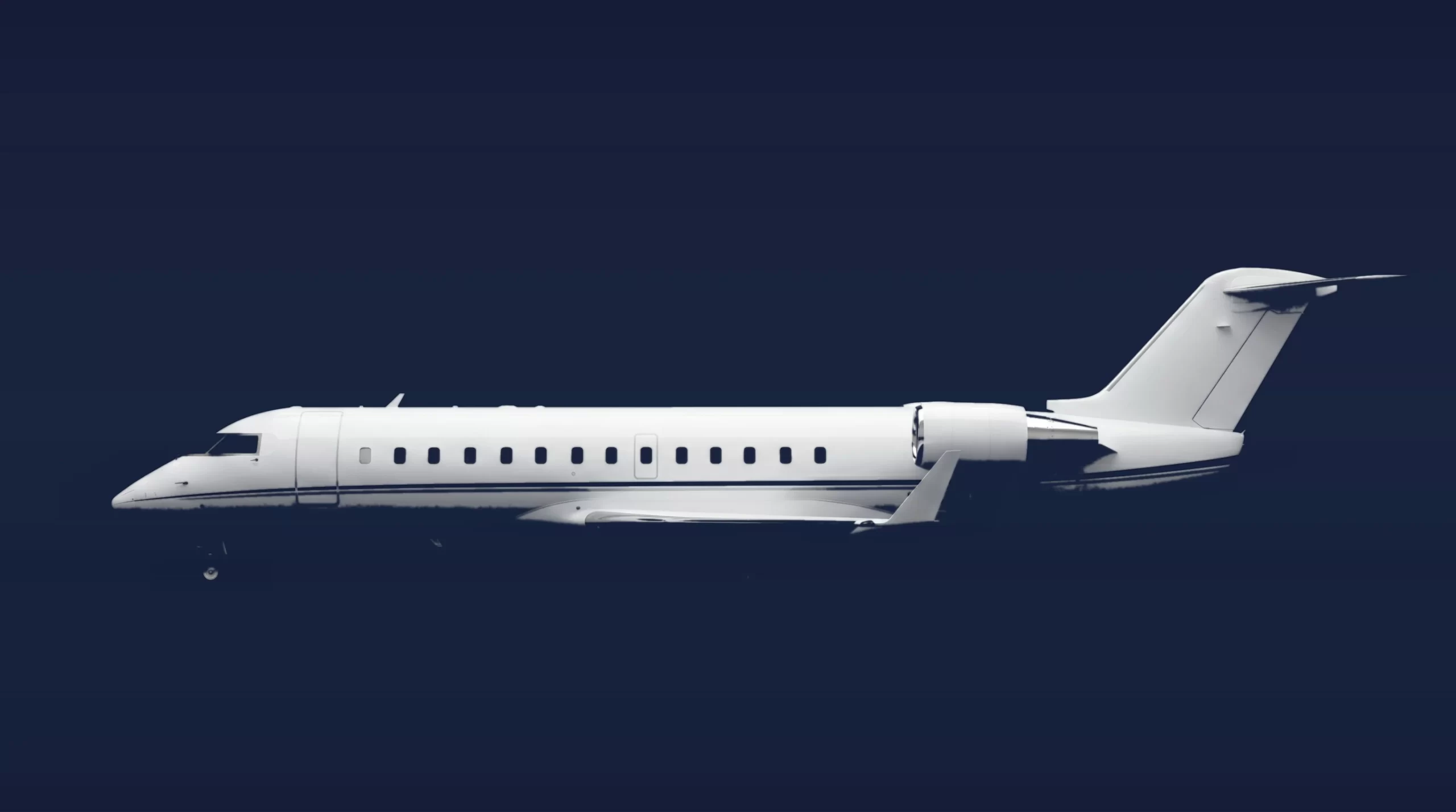 Bombardier Challenger 850 private charter aircraft, left-side profile on a deep navy studio background