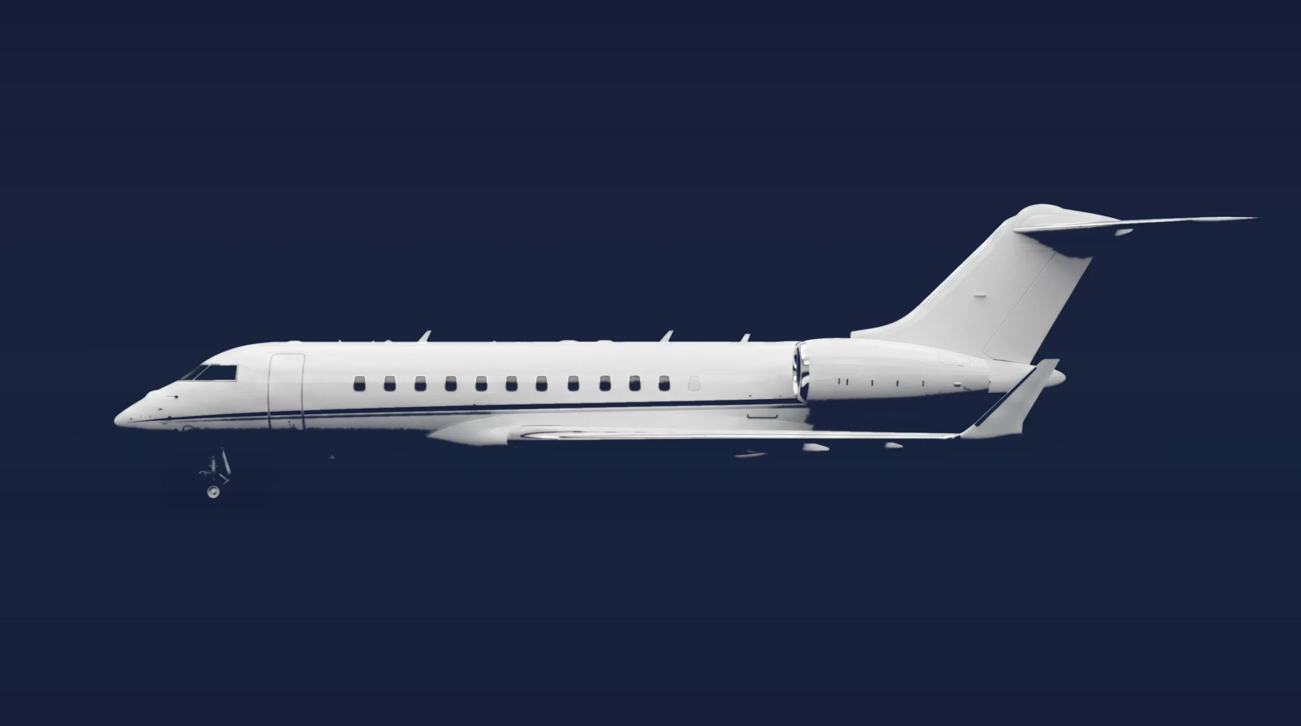 Bombardier Global 5000 private charter aircraft, left-side profile on a deep navy studio background