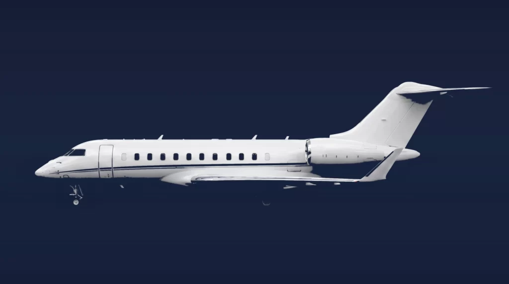 Bombardier Global 5500 private charter aircraft, left-side profile on a deep navy studio background