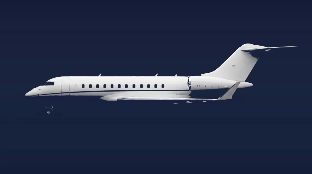 Bombardier Global 6000 private charter aircraft, left-side profile on a deep navy studio background