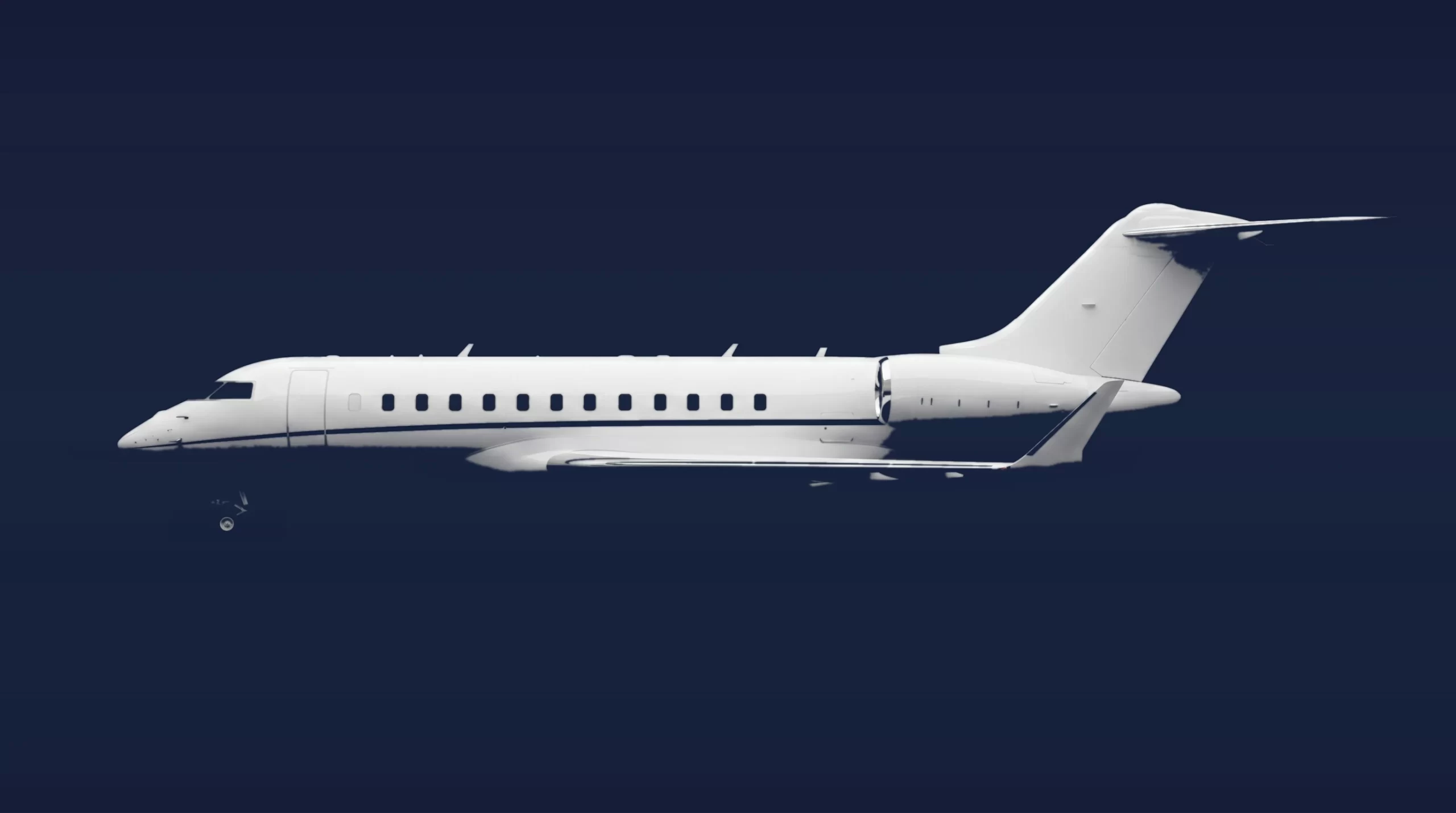 Bombardier Global 6000 private charter aircraft, left-side profile on a deep navy studio background