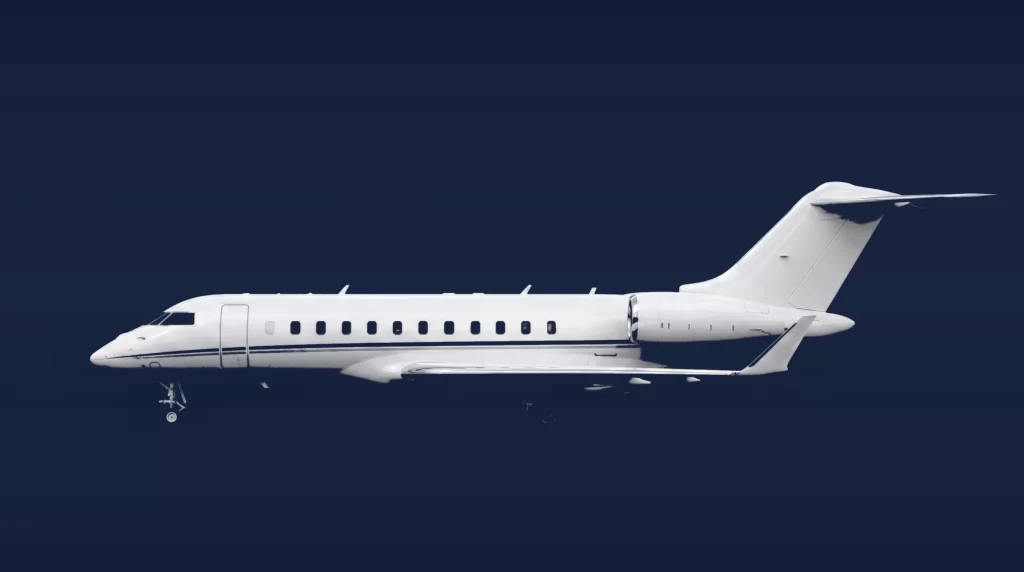 Bombardier Global 6500 private charter aircraft, left-side profile on a deep navy studio background