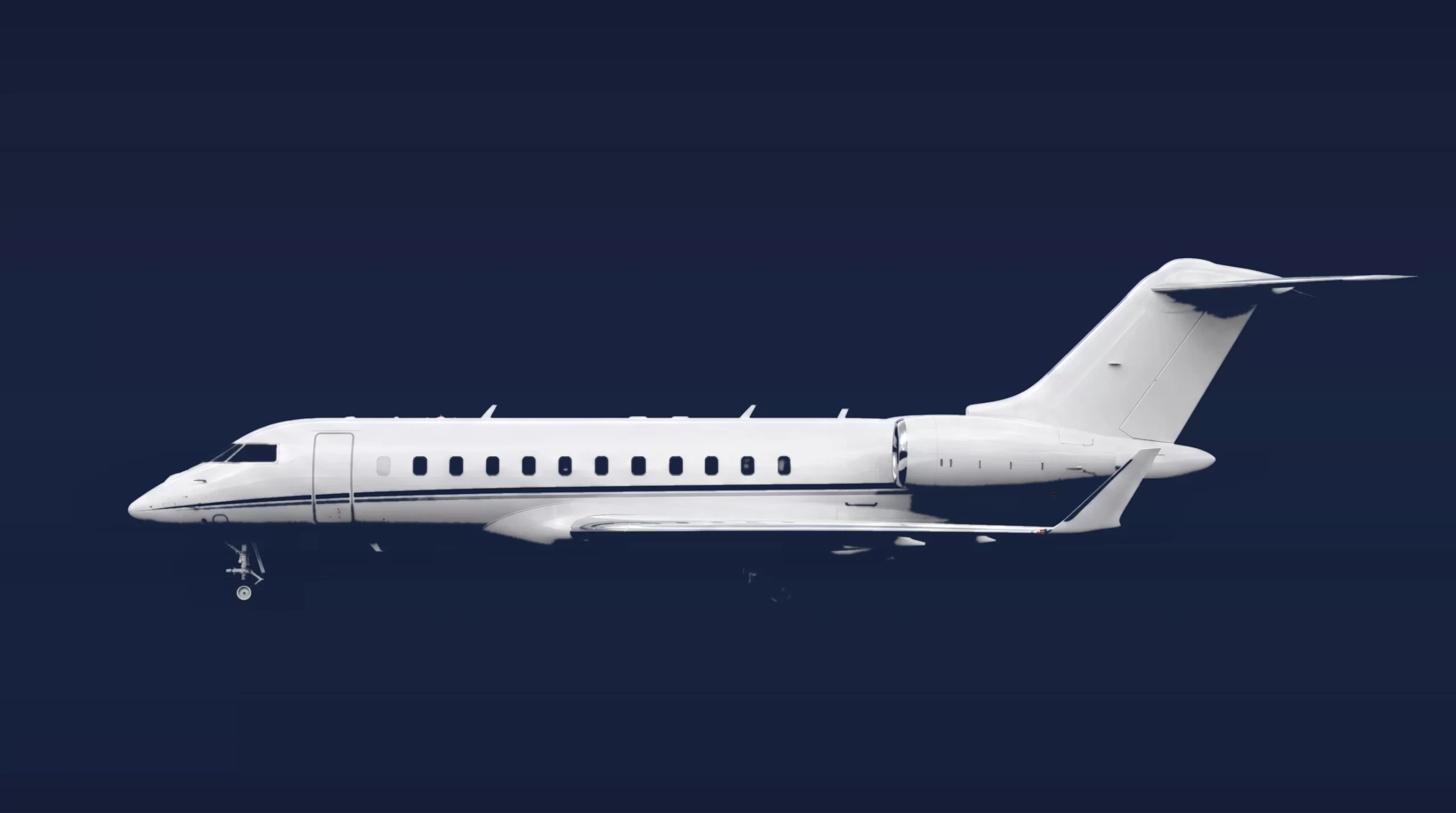 Bombardier Global 6500 private charter aircraft, left-side profile on a deep navy studio background
