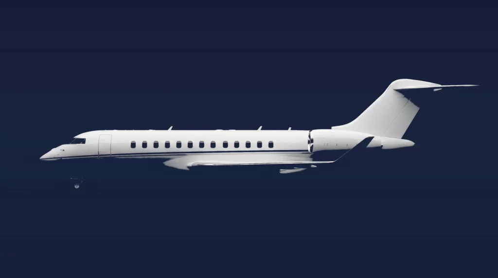 Bombardier Global 7500 private charter aircraft, left-side profile on a deep navy studio background