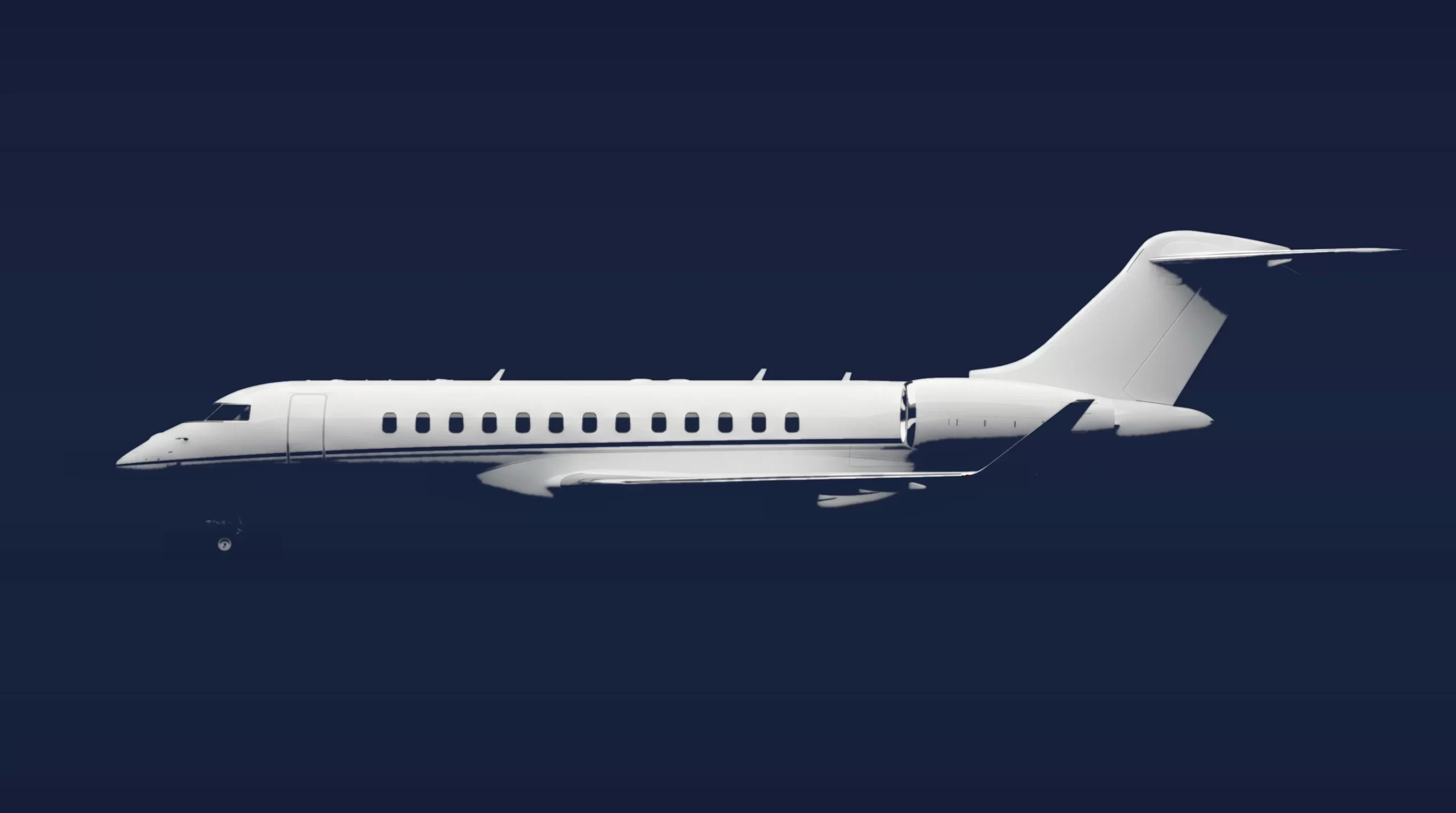 Bombardier Global 7500 private charter aircraft, left-side profile on a deep navy studio background