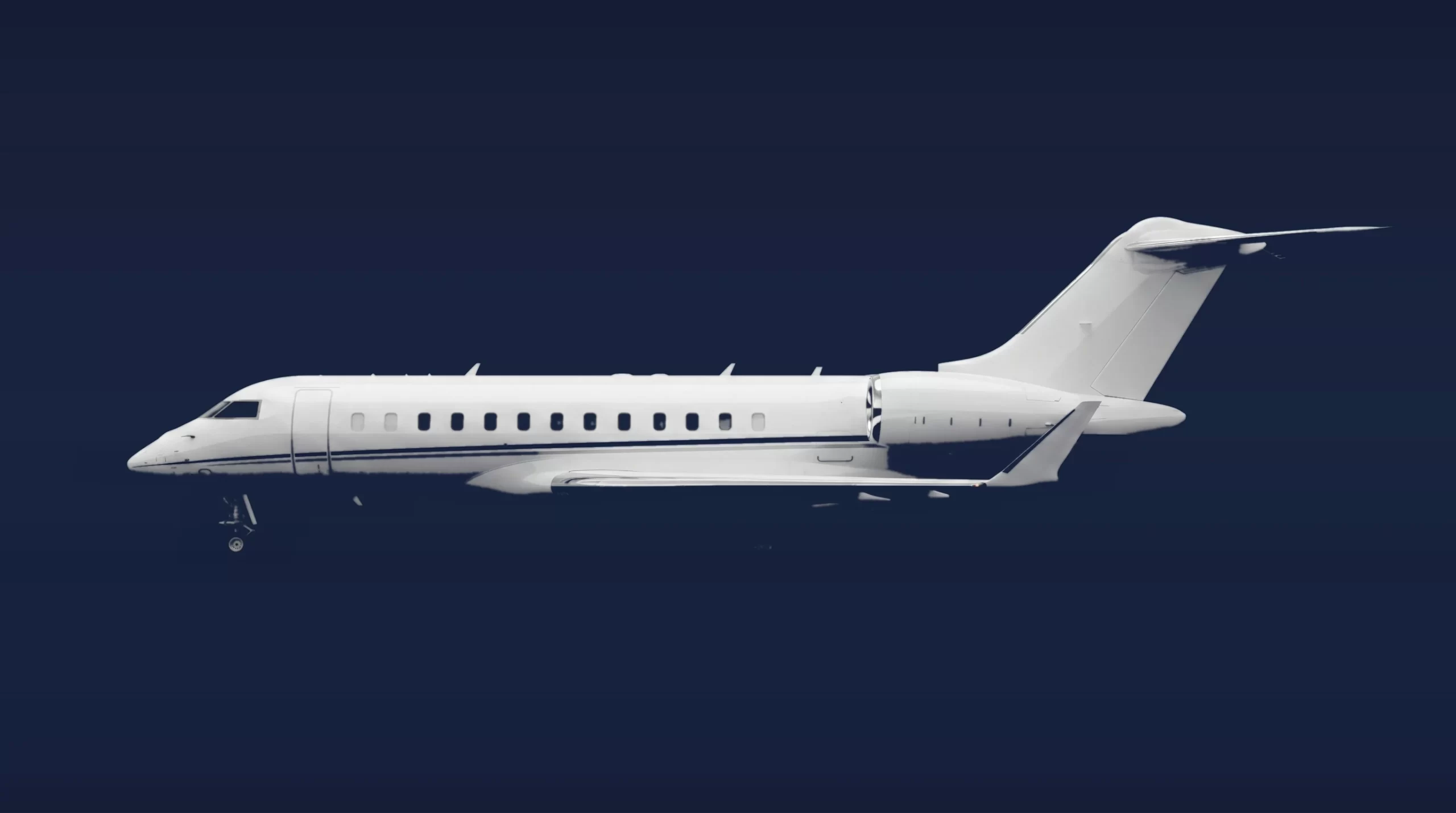 Bombardier Global Express private charter aircraft, left-side profile on a deep navy studio background