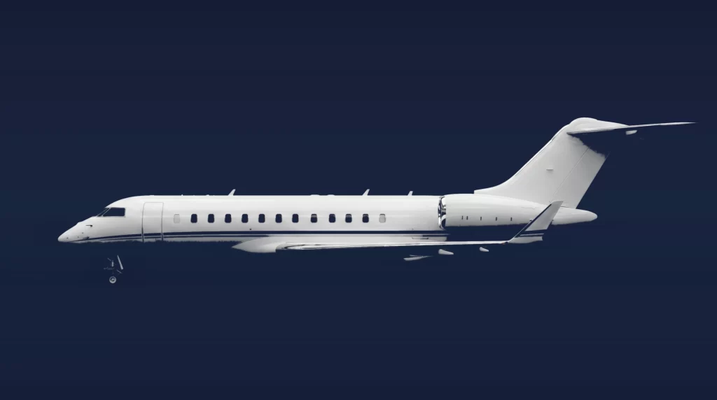 Bombardier Global Express XRS private charter aircraft, left-side profile on a deep navy studio background