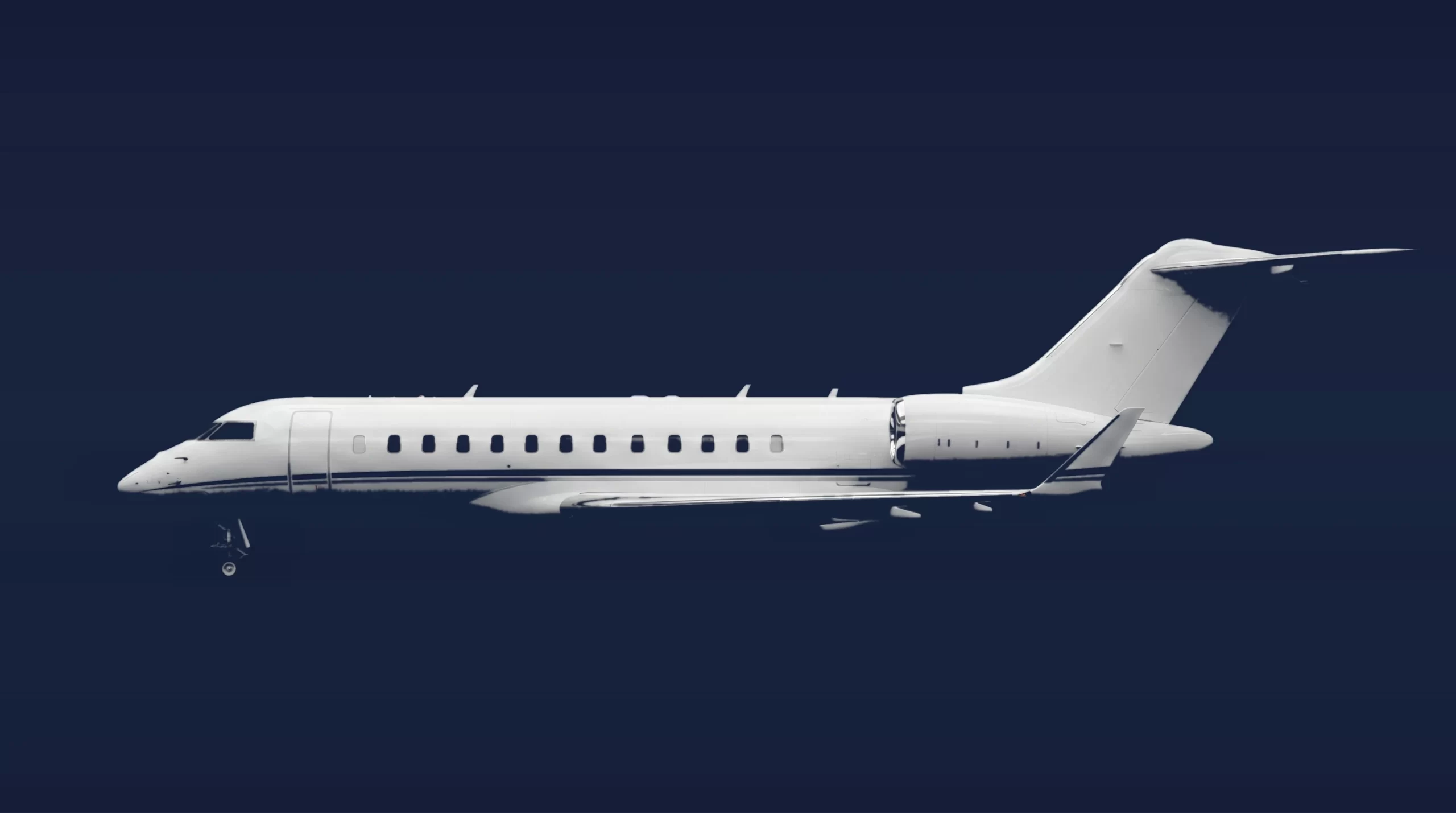 Bombardier Global Express XRS private charter aircraft, left-side profile on a deep navy studio background