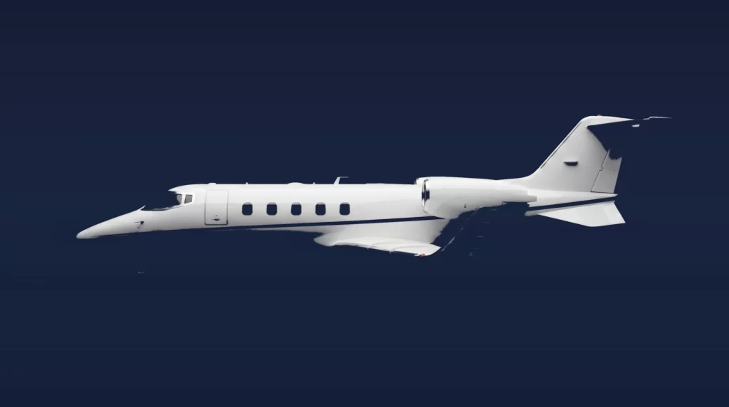 Bombardier Learjet 60 private charter aircraft, left-side profile on a deep navy studio background