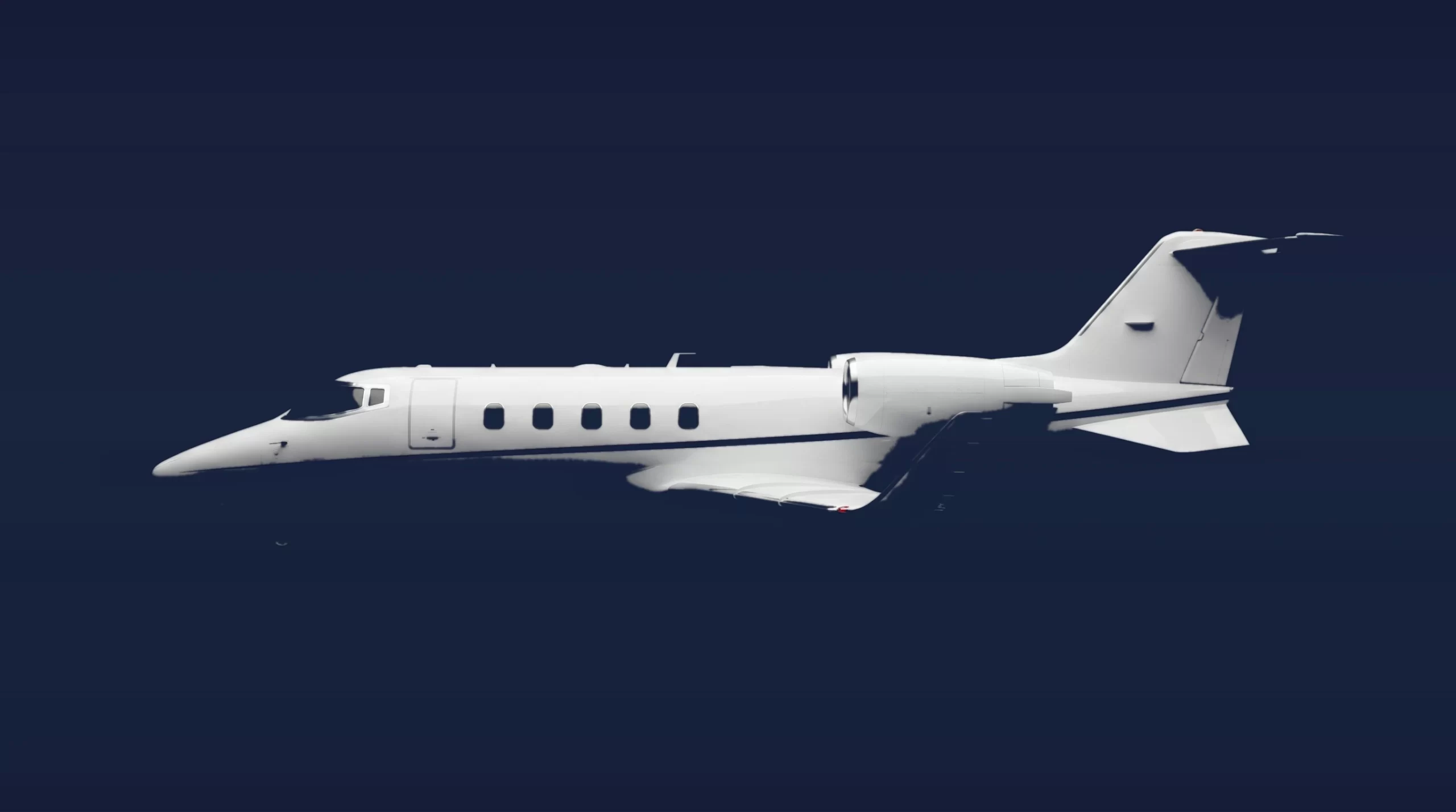 Bombardier Learjet 60 private charter aircraft, left-side profile on a deep navy studio background