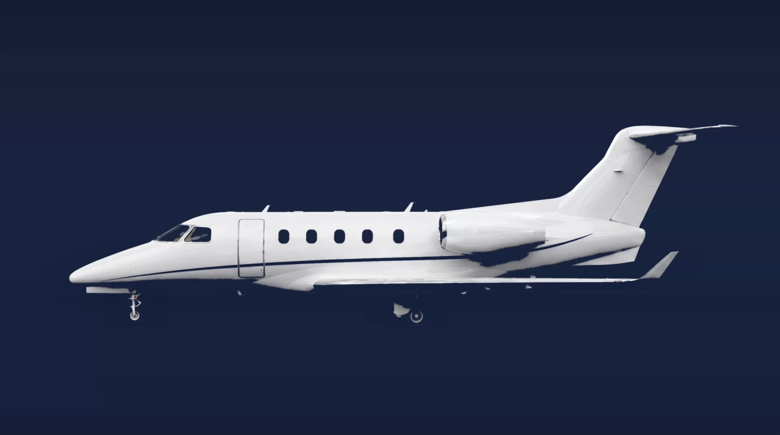 Bombardier Learjet 75 private charter aircraft, left-side profile on a deep navy studio background