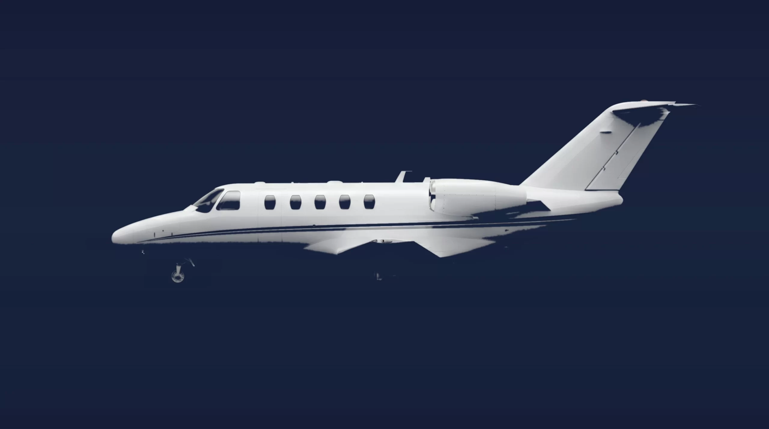 Cessna Citation CJ1 private charter aircraft, left-side profile on a deep navy studio background