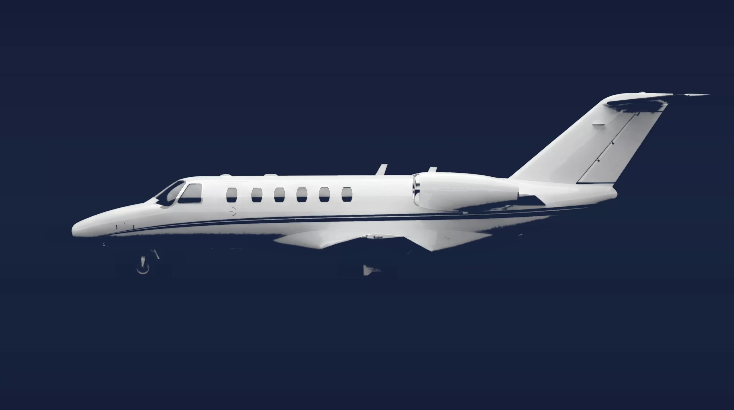 Cessna Citation CJ2 private charter aircraft, left-side profile on a deep navy studio background