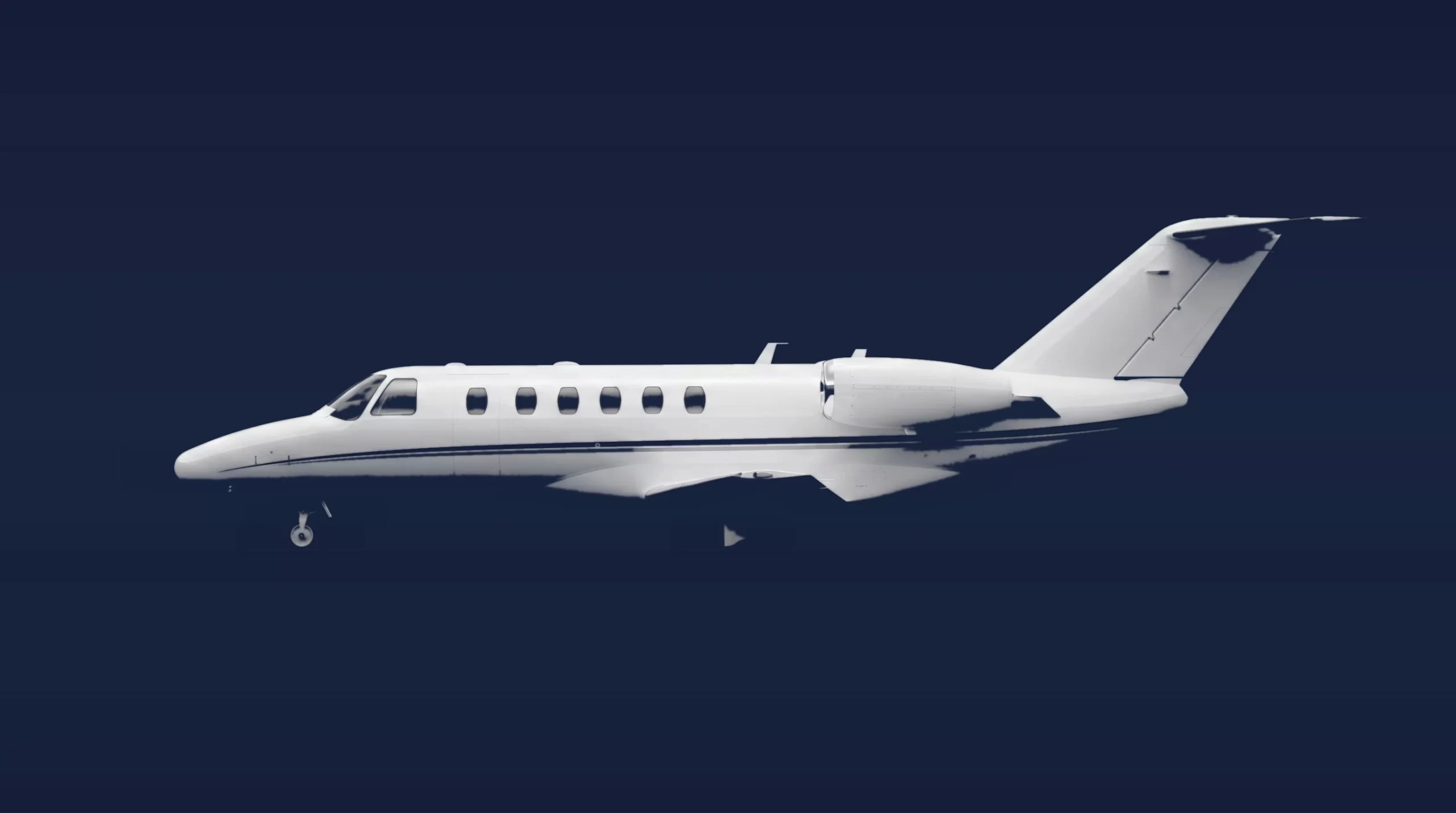 Cessna Citation CJ2+ private charter aircraft, left-side profile on a deep navy studio background