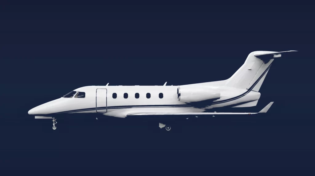 Cessna Citation CJ3+ private charter aircraft, left-side profile on a deep navy studio background