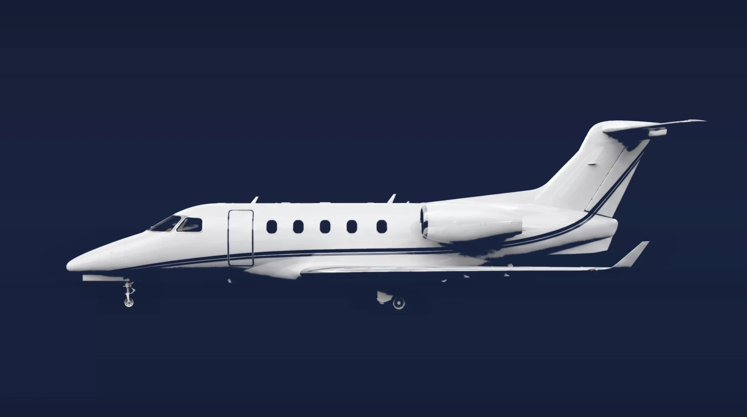 Cessna Citation CJ3+ private charter aircraft, left-side profile on a deep navy studio background