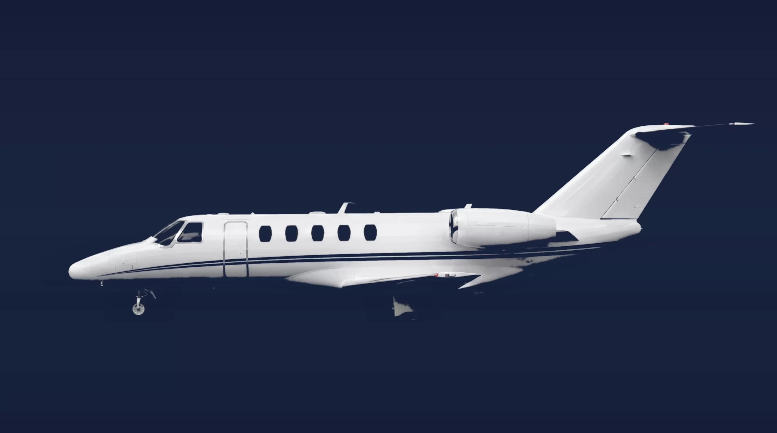 Cessna Citation CJ3 private charter aircraft, left-side profile on a deep navy studio background