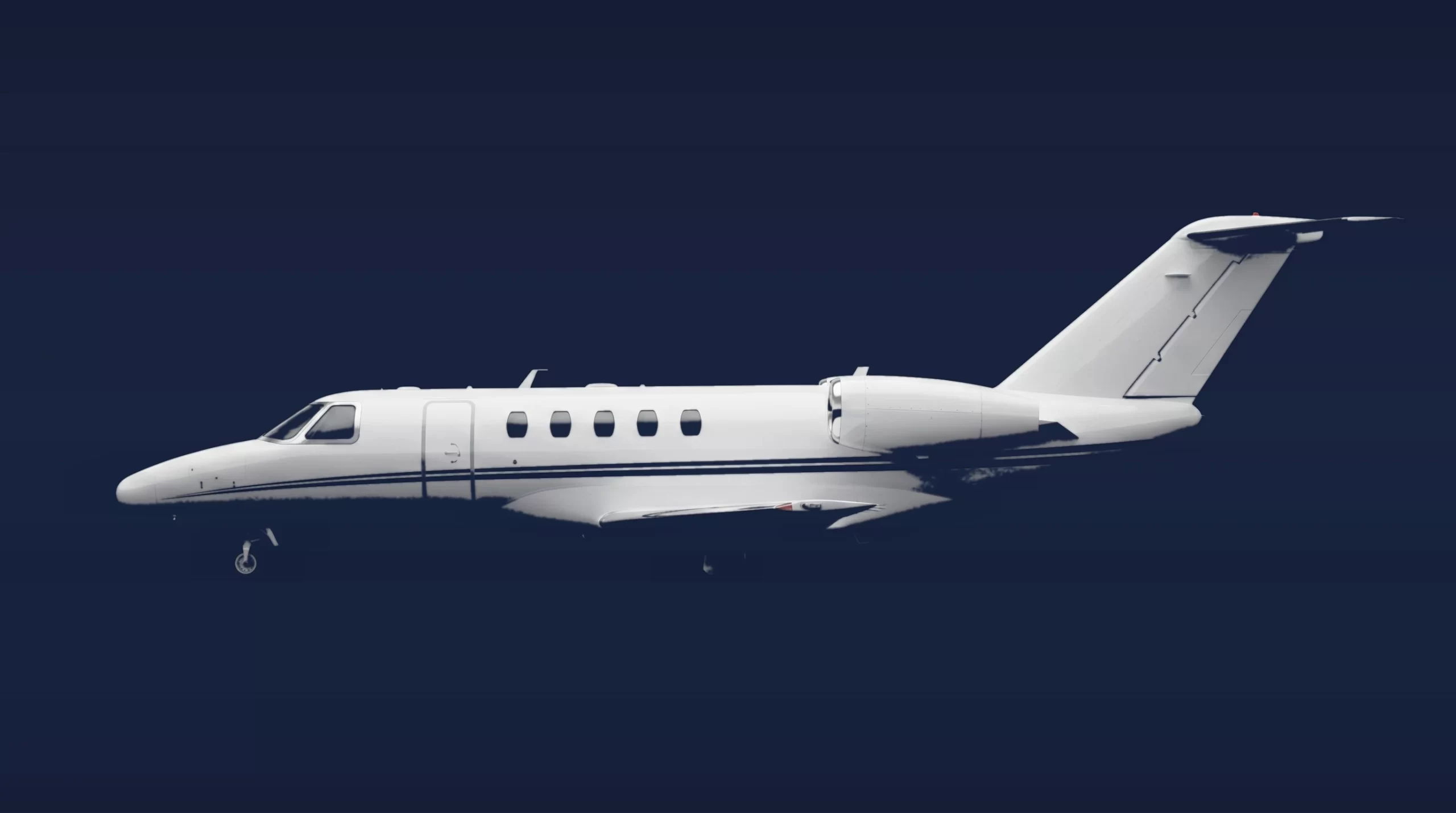 Cessna Citation CJ4 private charter aircraft, left-side profile on a deep navy studio background