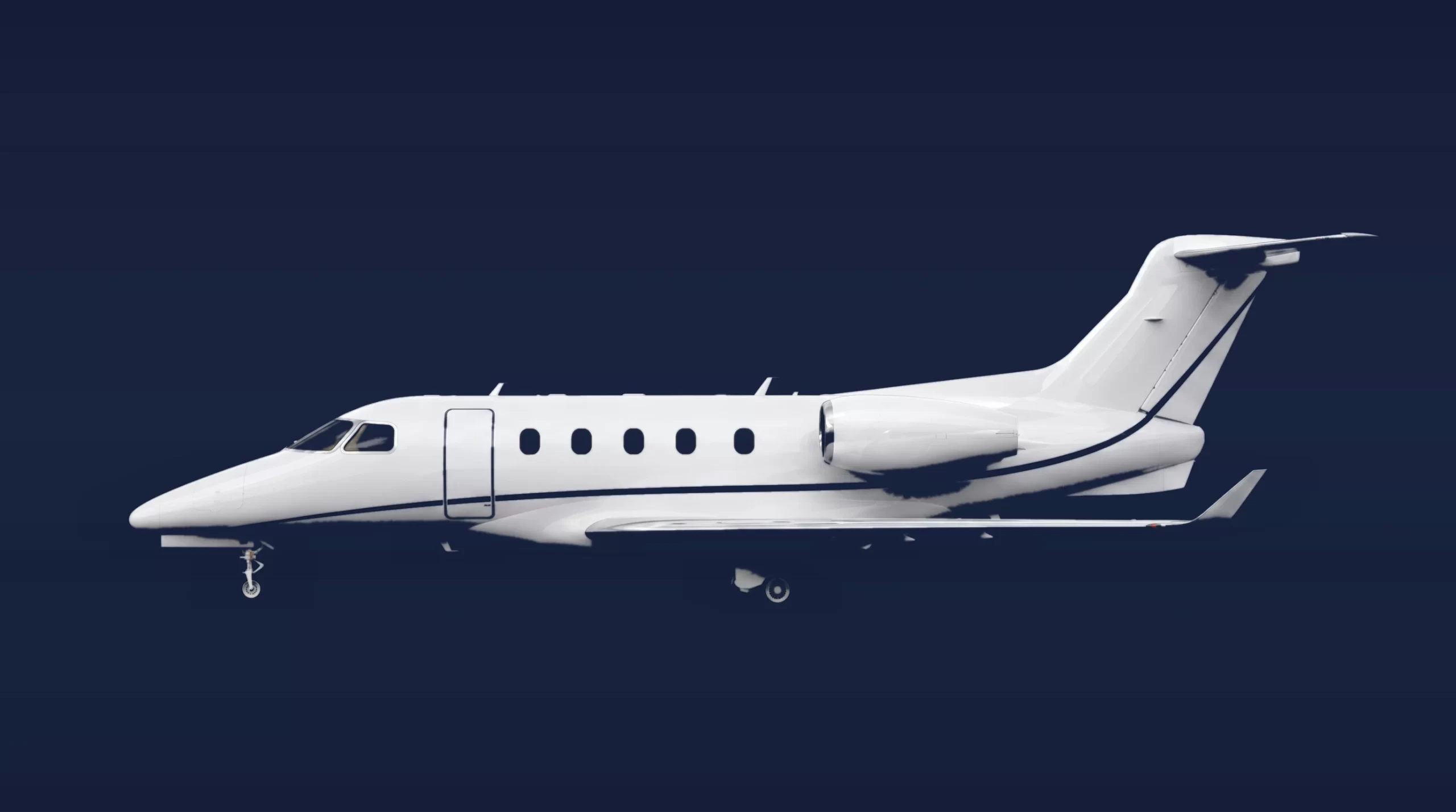 Dassault Falcon 2000LX private charter aircraft, left-side profile on a deep navy studio background