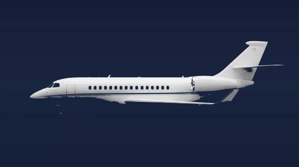 Dassault Falcon 6X private charter aircraft, left-side profile on a deep navy studio background