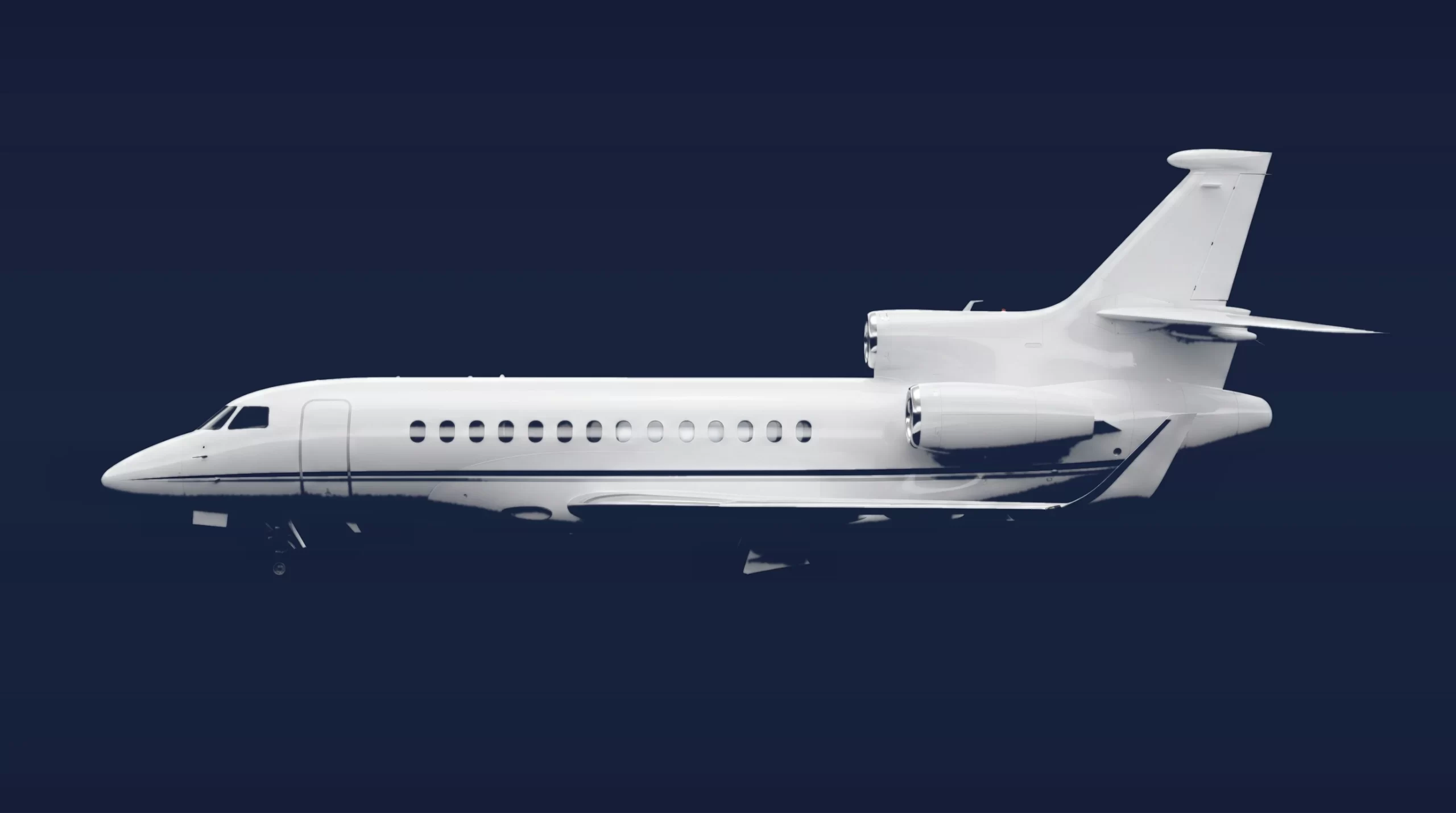 Dassault Falcon 7X private charter aircraft, left-side profile on a deep navy studio background