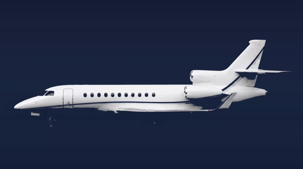 Dassault Falcon 8X private charter aircraft, left-side profile on a deep navy studio background