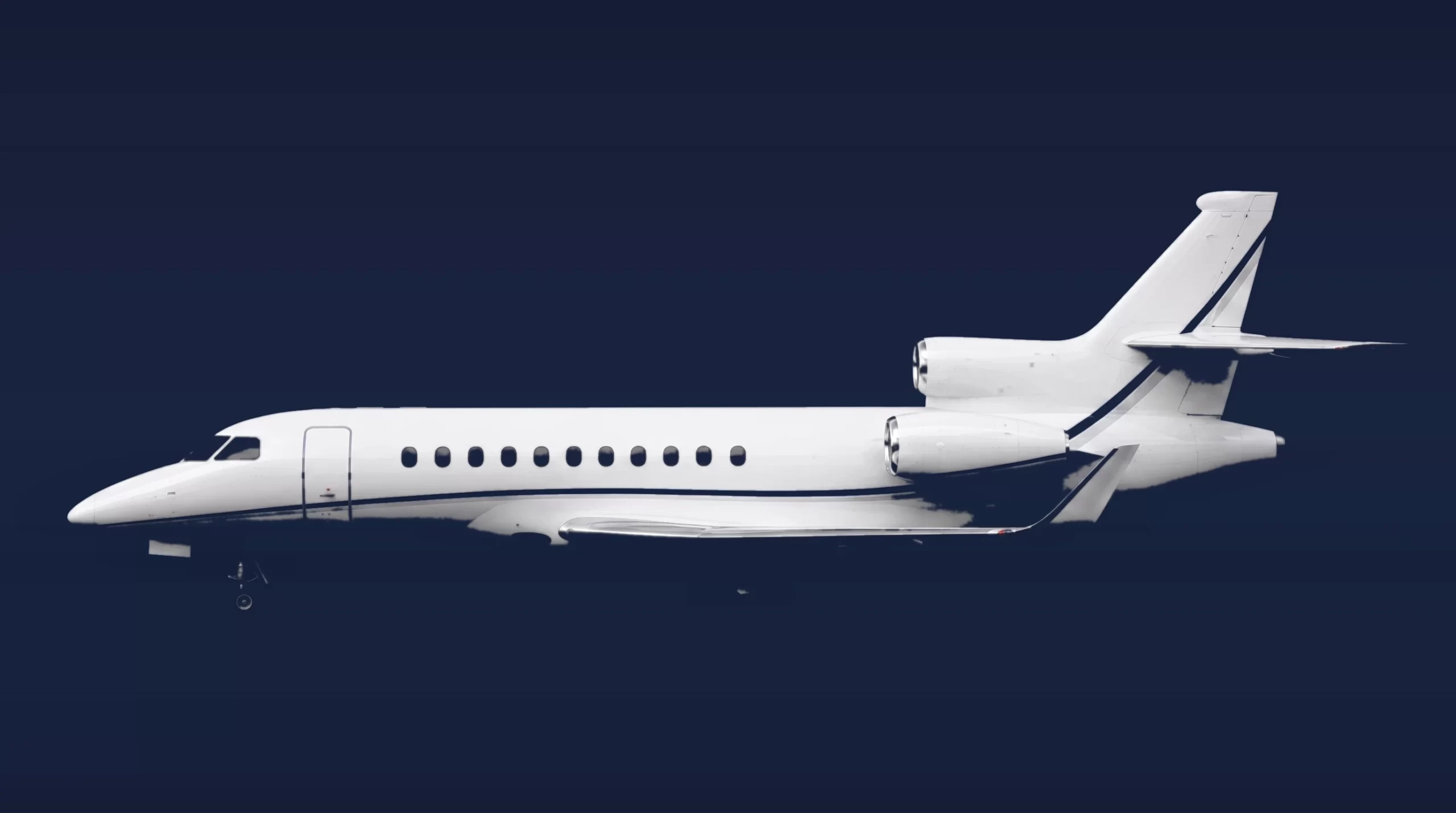 Dassault Falcon 8X private charter aircraft, left-side profile on a deep navy studio background
