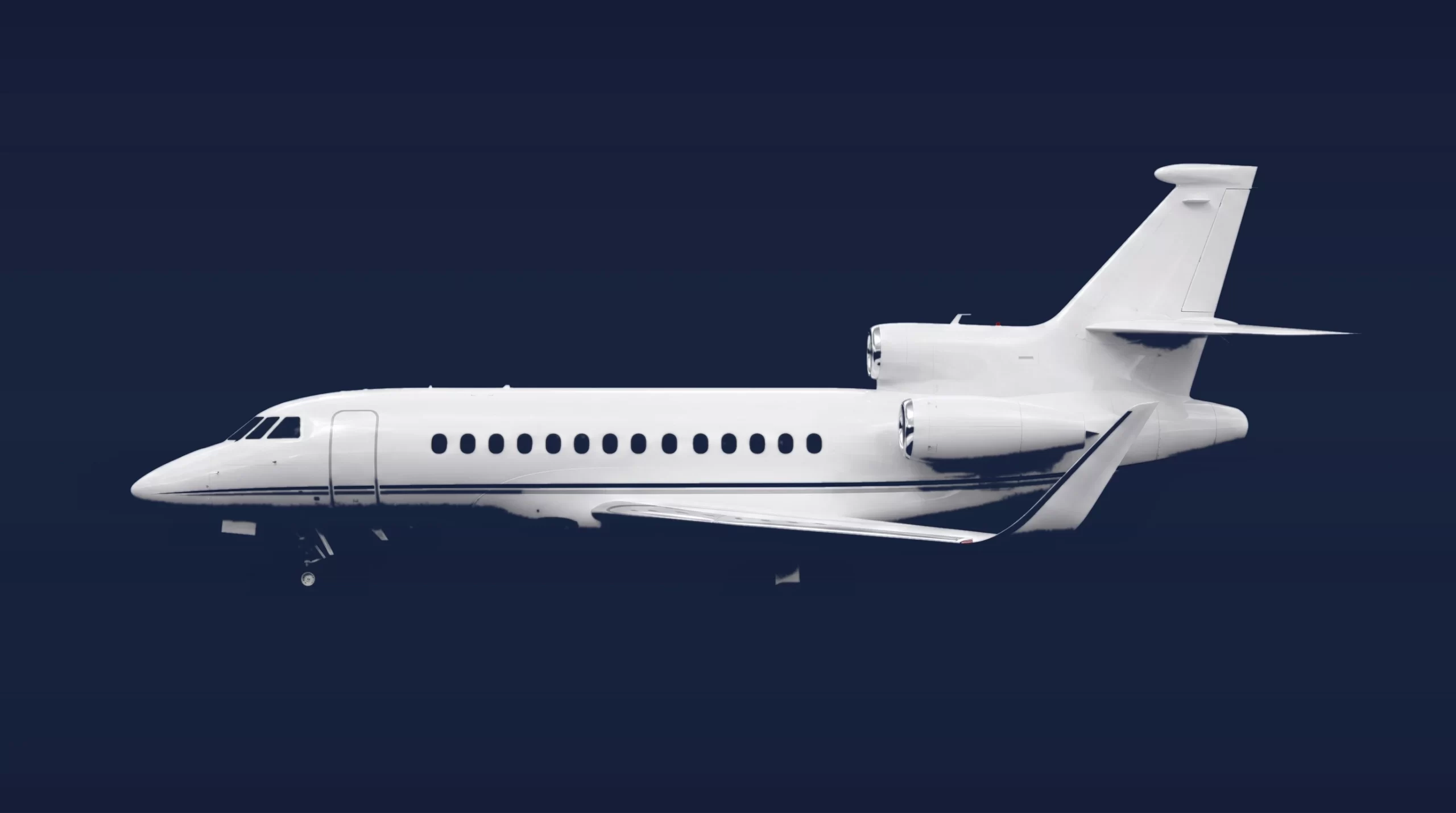 Dassault Falcon 900LX private charter aircraft, left-side profile on a deep navy studio background